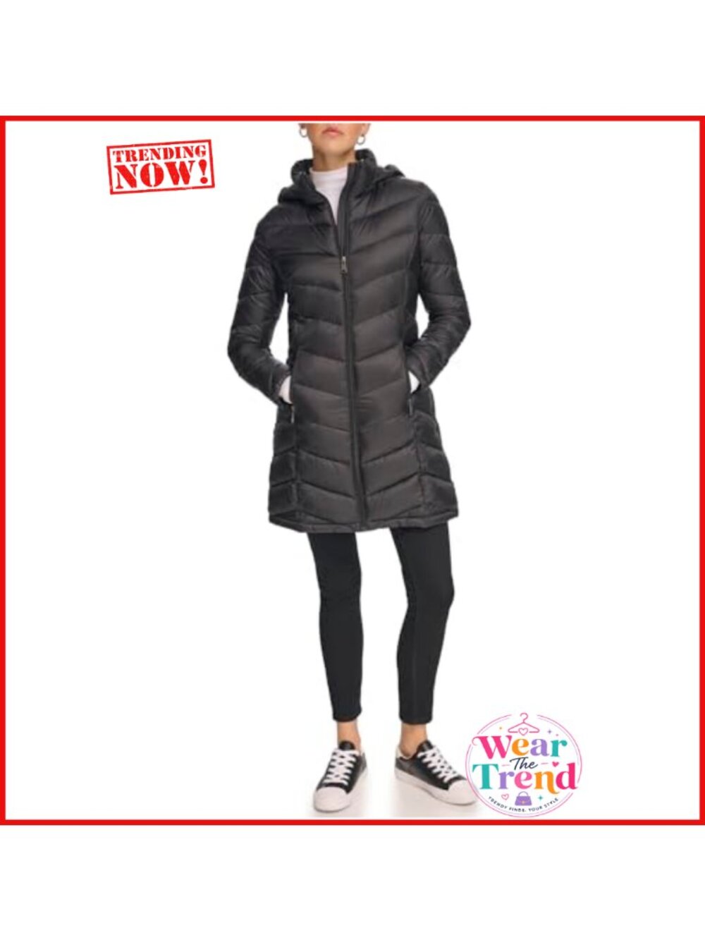 Long Chevron Puffer Jacket Hooded Zip Front Quilted Winter Coat